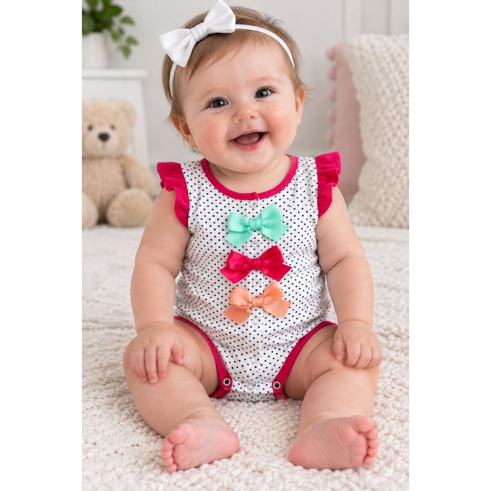 First Impressions Macy's White Pink Polka Dot Romper 6-9 months Bows
